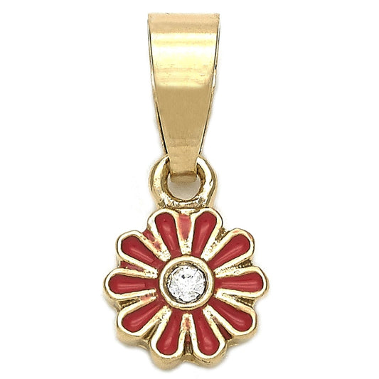 Oro Laminado Fancy Pendant, Gold Filled Style Flower Design, with White Crystal, Dark Pink Enamel Finish, Golden Finish