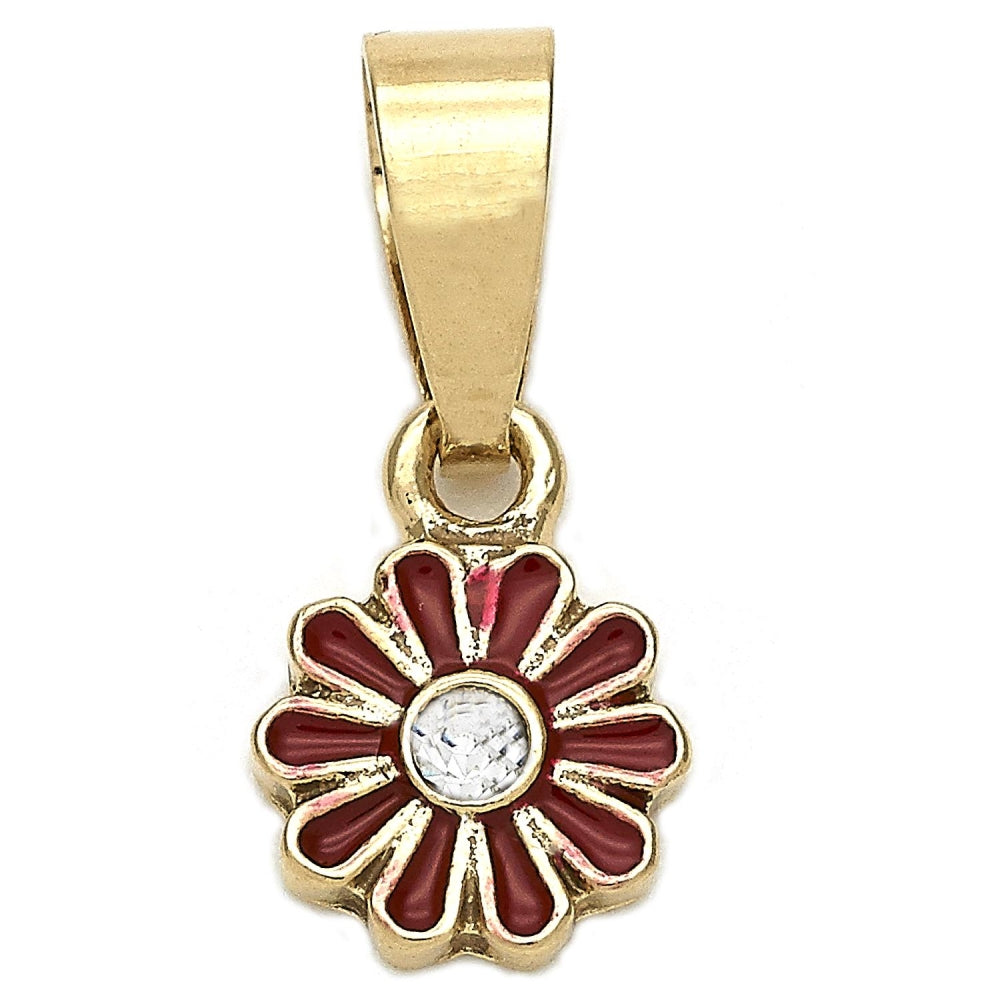 Oro Laminado Fancy Pendant, Gold Filled Style Flower Design, with White Crystal, Red Enamel Finish, Golden Finish