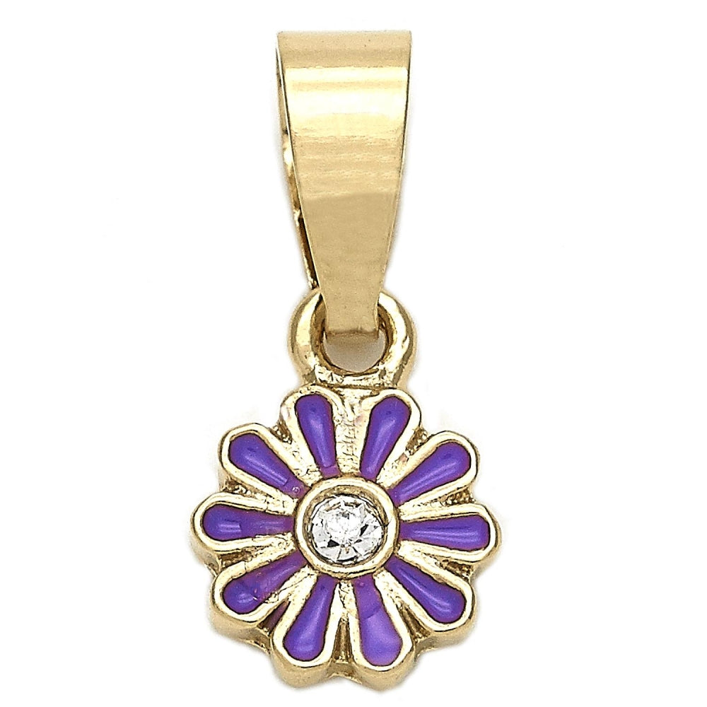 Oro Laminado Fancy Pendant, Gold Filled Style Flower Design, with White Crystal, Purple Enamel Finish, Golden Finish