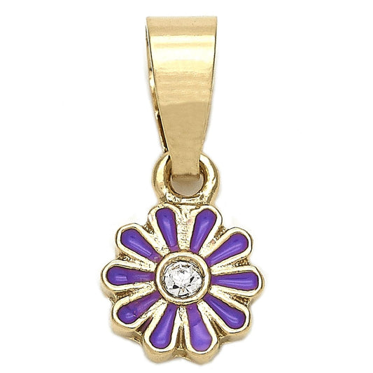 Oro Laminado Fancy Pendant, Gold Filled Style Flower Design, with White Crystal, Purple Enamel Finish, Golden Finish