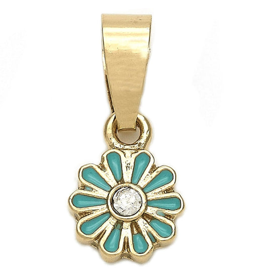 Oro Laminado Fancy Pendant, Gold Filled Style Flower Design, with White Crystal, Blue Enamel Finish, Golden Finish