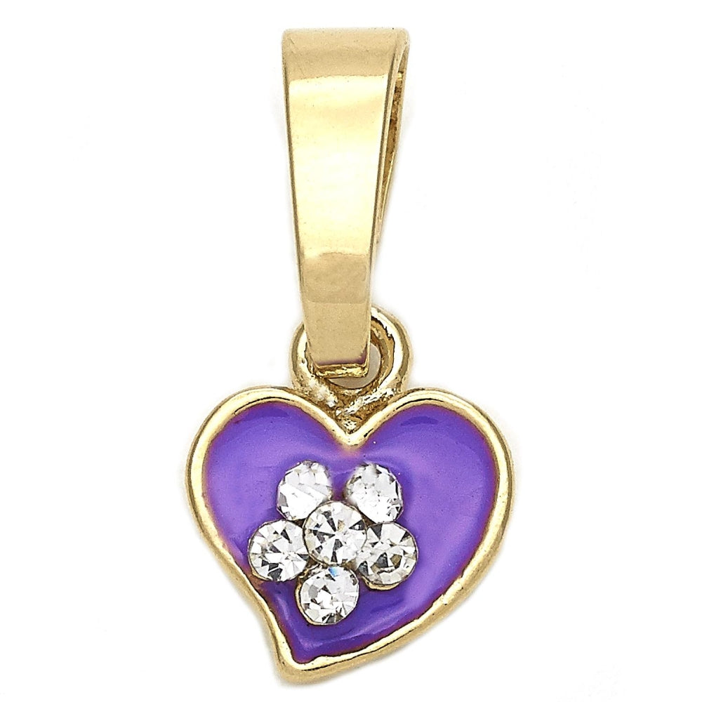 Oro Laminado Fancy Pendant, Gold Filled Style Heart and Flower Design, with White Crystal, Purple Enamel Finish, Golden Finish