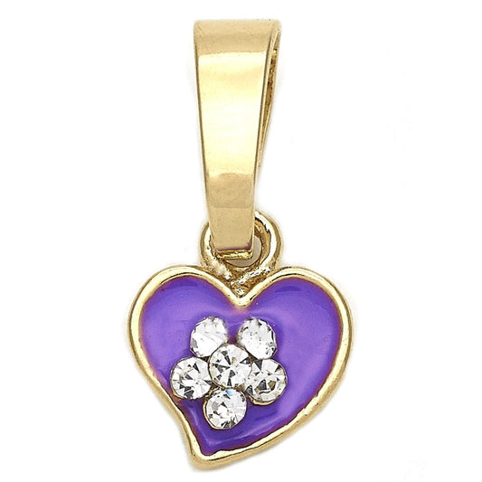 Oro Laminado Fancy Pendant, Gold Filled Style Heart and Flower Design, with White Crystal, Purple Enamel Finish, Golden Finish