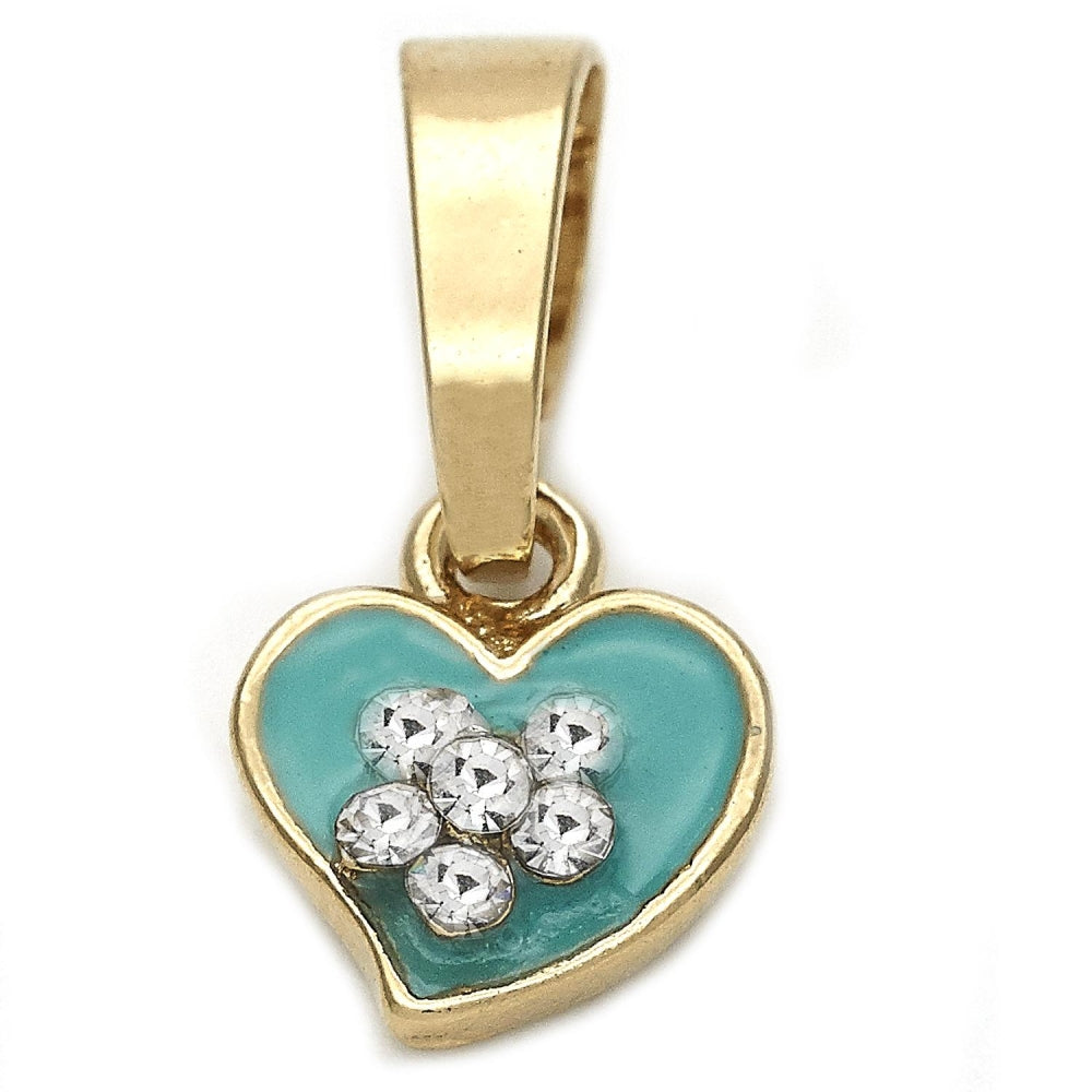 Oro Laminado Fancy Pendant, Gold Filled Style Heart and Flower Design, with White Crystal, Acqua Enamel Finish, Golden Finish