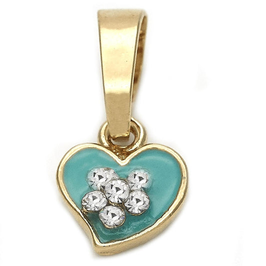 Oro Laminado Fancy Pendant, Gold Filled Style Heart and Flower Design, with White Crystal, Acqua Enamel Finish, Golden Finish