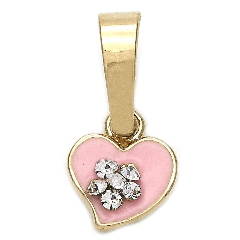 Oro Laminado Fancy Pendant, Gold Filled Style Heart and Flower Design, with White Crystal, Pink Enamel Finish, Golden Finish