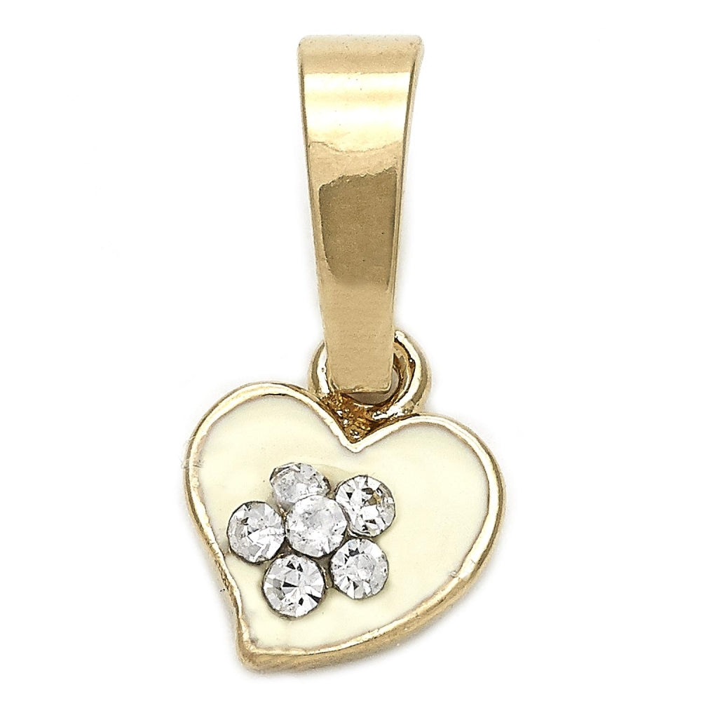 Oro Laminado Fancy Pendant, Gold Filled Style Heart and Flower Design, with White Crystal, White Enamel Finish, Golden Finish