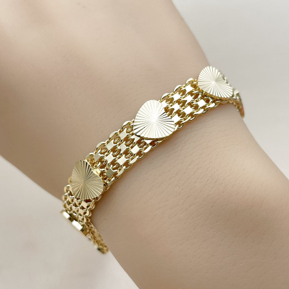 Oro Laminado Fancy Bracelet, Gold Filled Style Heart and Bismark Design, Polished, Golden Finish