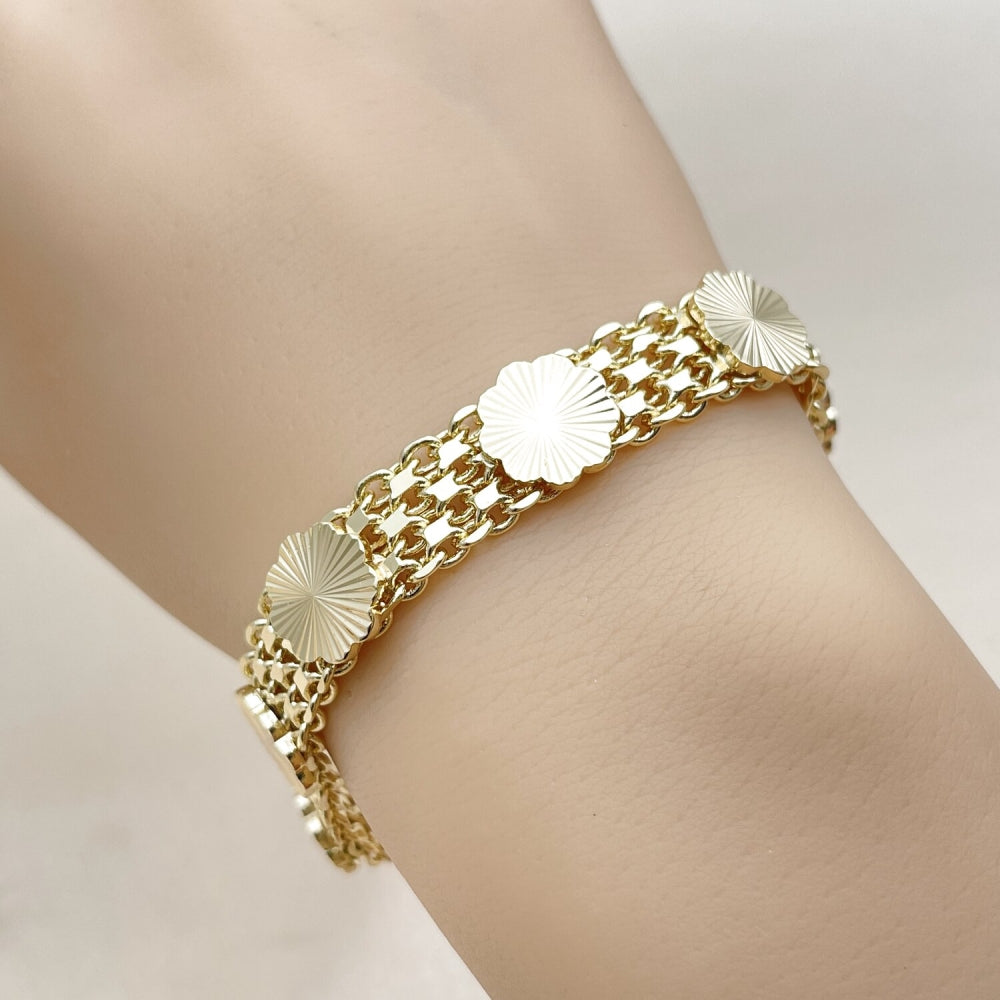 Oro Laminado Fancy Bracelet, Gold Filled Style Flower and Bismark Design, Polished, Golden Finish