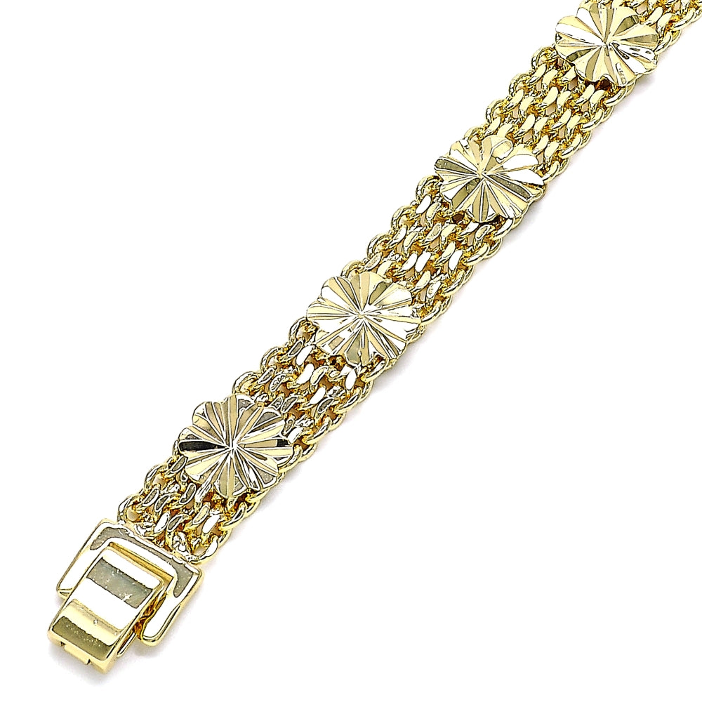 Oro Laminado Fancy Bracelet, Gold Filled Style Flower and Bismark Design, Polished, Golden Finish