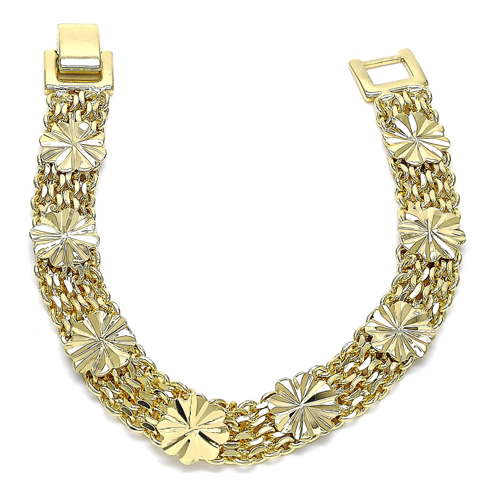 Oro Laminado Fancy Bracelet, Gold Filled Style Flower and Bismark Design, Polished, Golden Finish