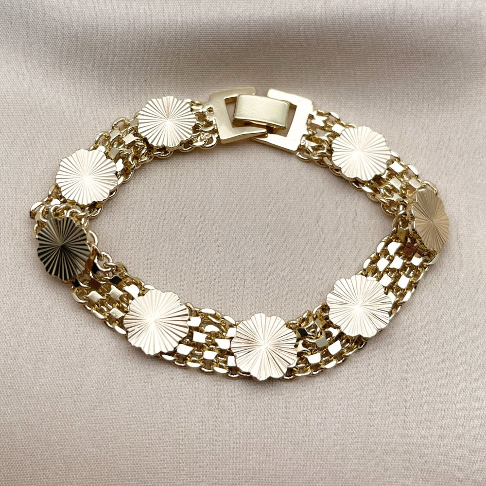 Oro Laminado Fancy Bracelet, Gold Filled Style Flower and Bismark Design, Polished, Golden Finish