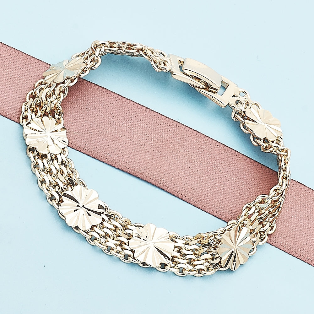 Oro Laminado Fancy Bracelet, Gold Filled Style Flower and Bismark Design, Polished, Golden Finish
