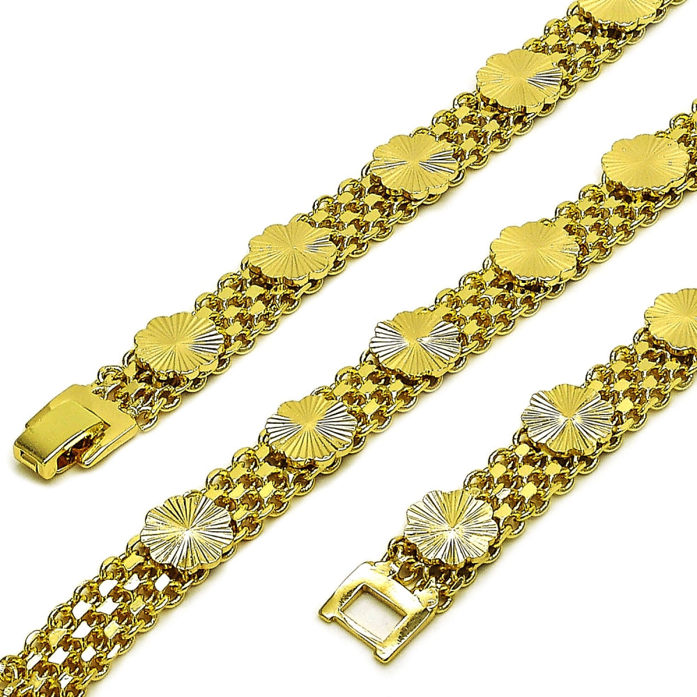 Oro Laminado Fancy Bracelet, Gold Filled Style Flower and Bismark Design, Polished, Golden Finish