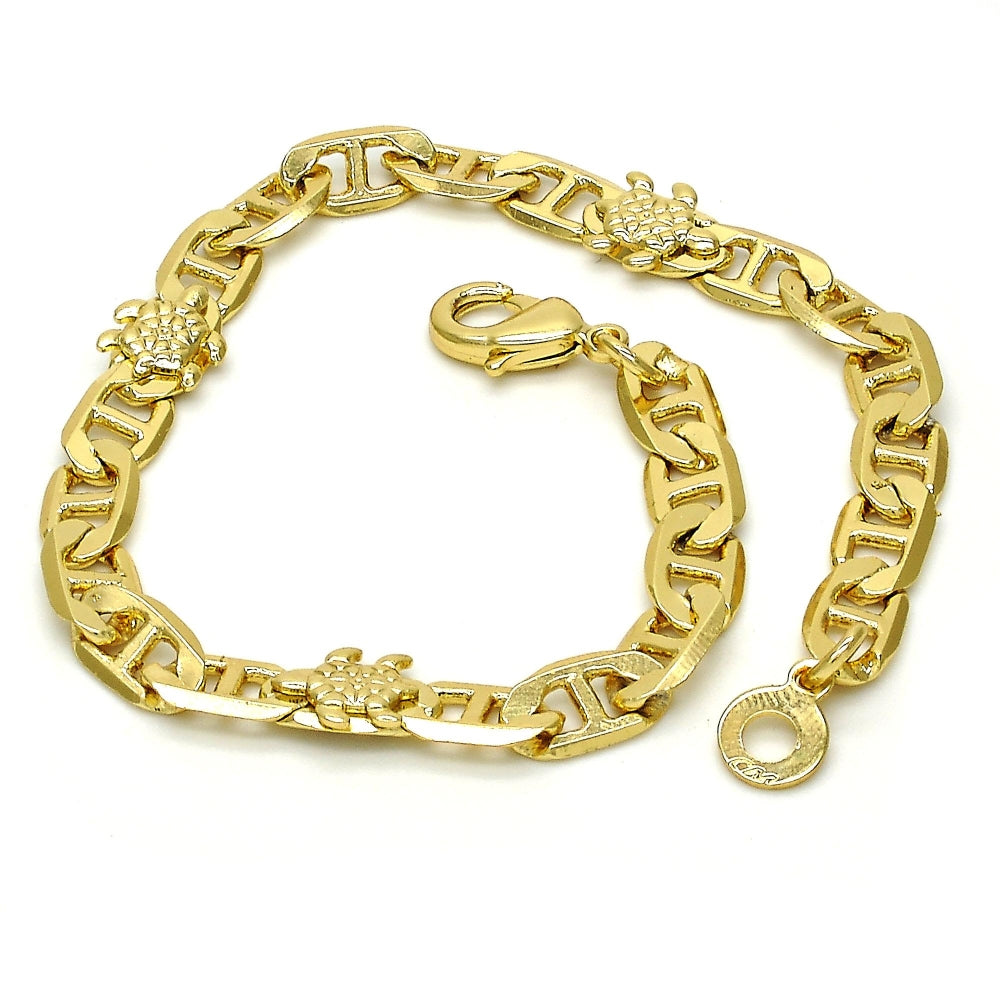 Oro Laminado Fancy Bracelet, Gold Filled Style Turtle and Mariner Design, Polished, Golden Finish