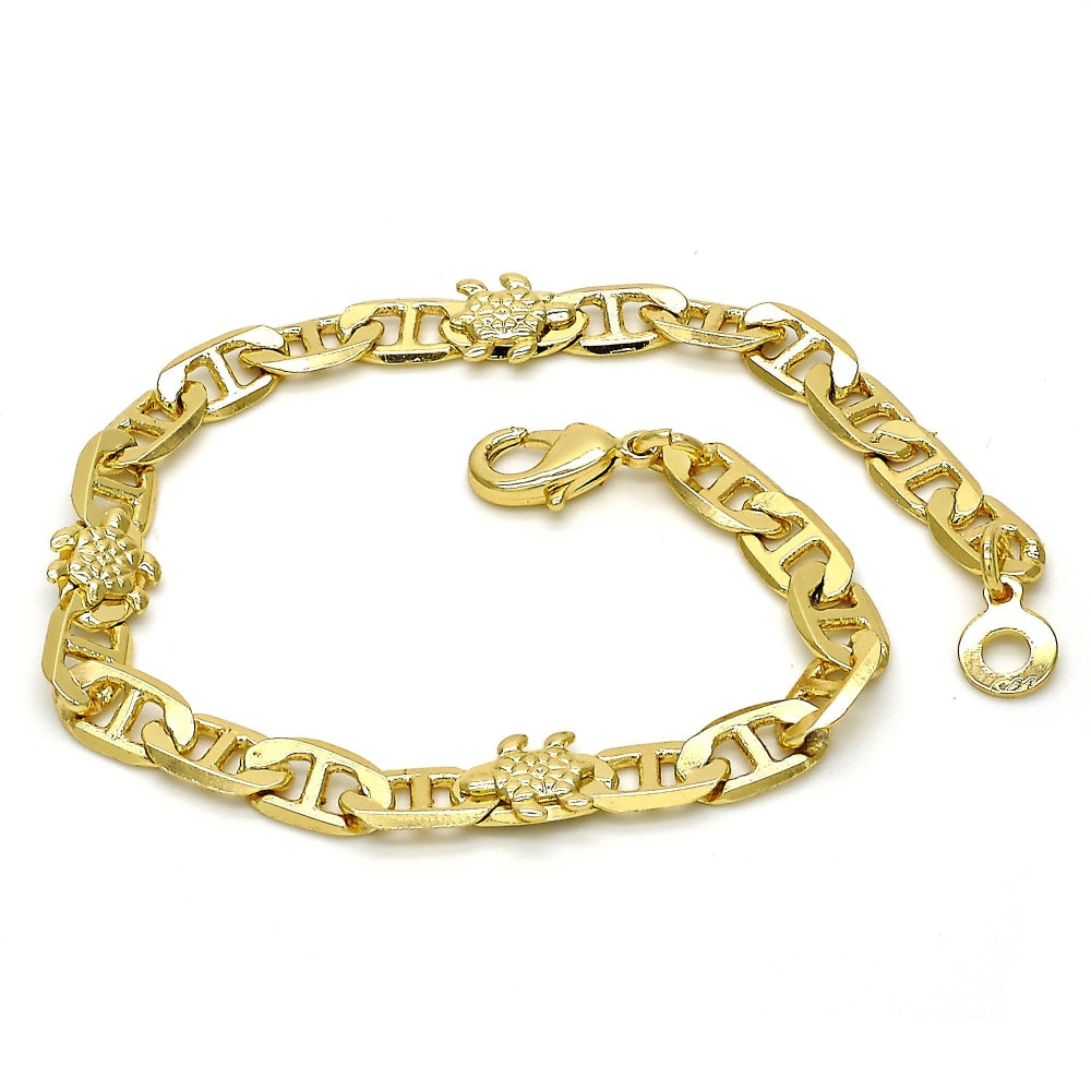 Oro Laminado Fancy Bracelet, Gold Filled Style Turtle and Mariner Design, Polished, Golden Finish