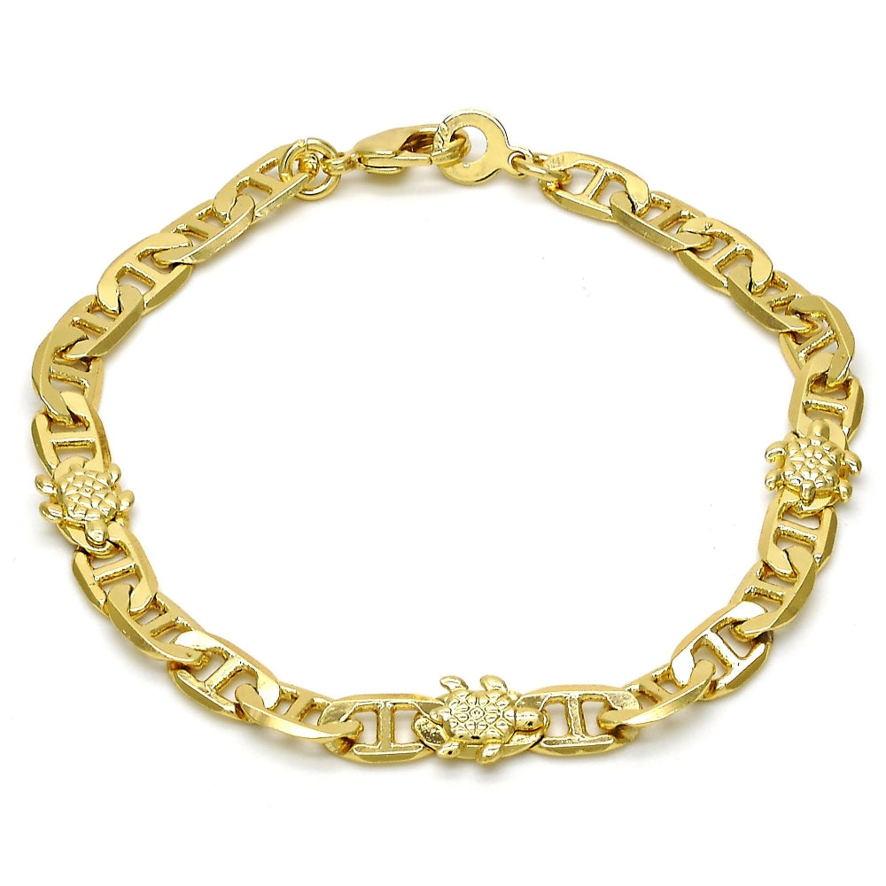 Oro Laminado Fancy Bracelet, Gold Filled Style Turtle and Mariner Design, Polished, Golden Finish