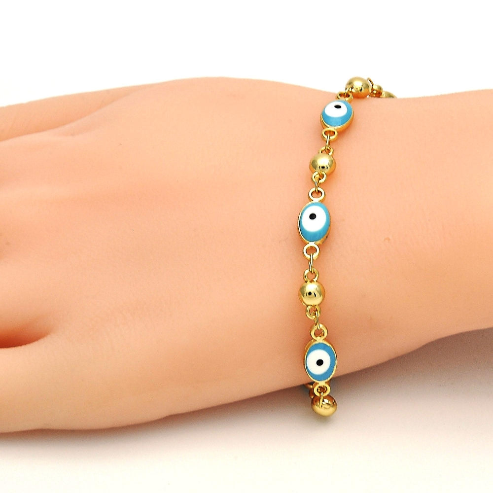 Gold Tone Fancy Bracelet, Evil Eye Design, Turquoise Enamel Finish, Golden Finish