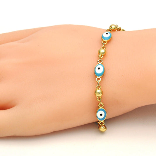 Gold Tone Fancy Bracelet, Evil Eye Design, Turquoise Enamel Finish, Golden Finish