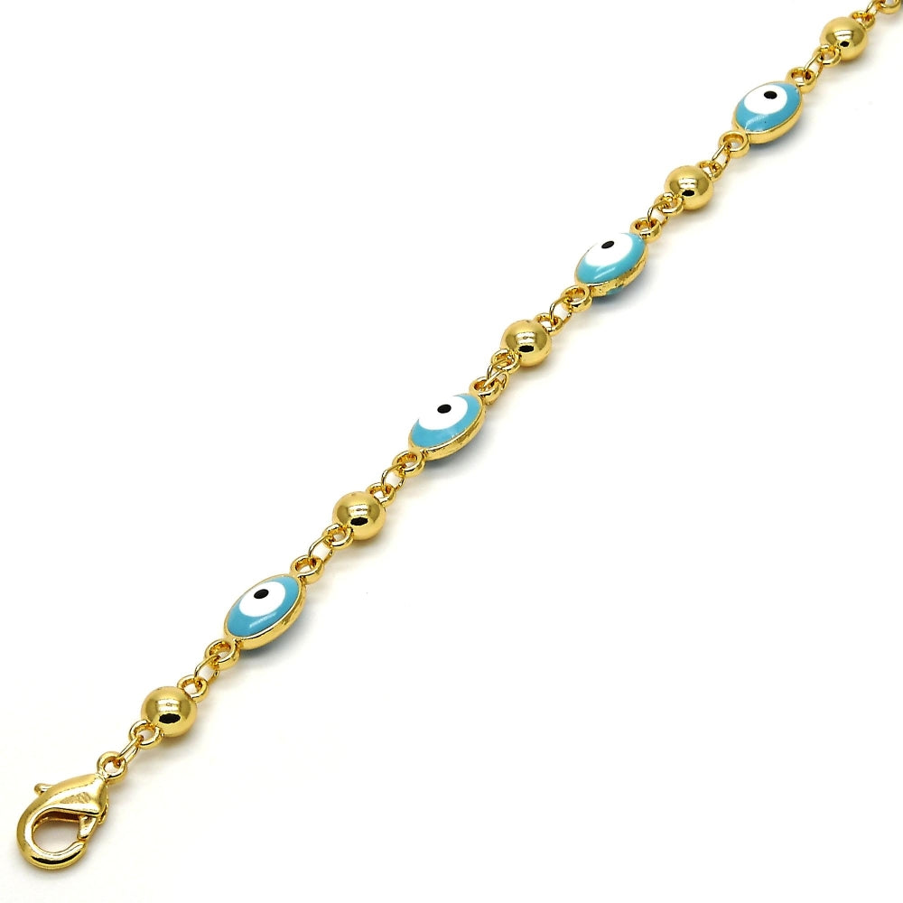 Gold Tone Fancy Bracelet, Evil Eye Design, Turquoise Enamel Finish, Golden Finish