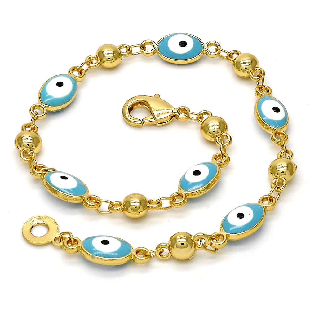 Gold Tone Fancy Bracelet, Evil Eye Design, Turquoise Enamel Finish, Golden Finish