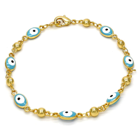 Gold Tone Fancy Bracelet, Evil Eye Design, Turquoise Enamel Finish, Golden Finish