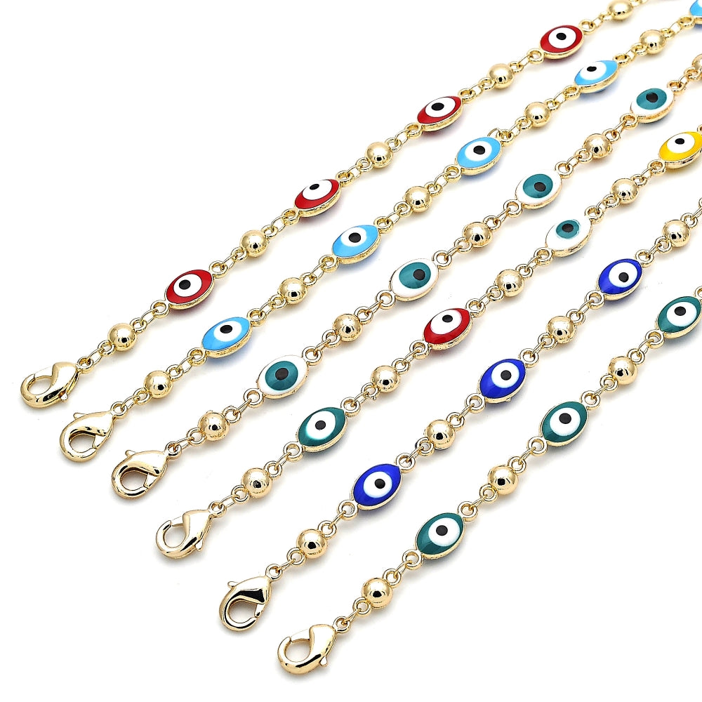 Gold Tone Fancy Bracelet, Evil Eye Design, Turquoise Enamel Finish, Golden Finish