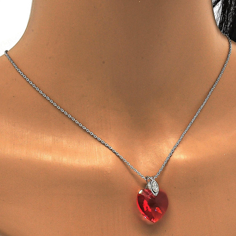 Rhodium Gold Filled Pendant Necklace, Heart Design, with Padparadscha Swarovski Crystals and White Micro Pave, Polished, Rhodium Finish