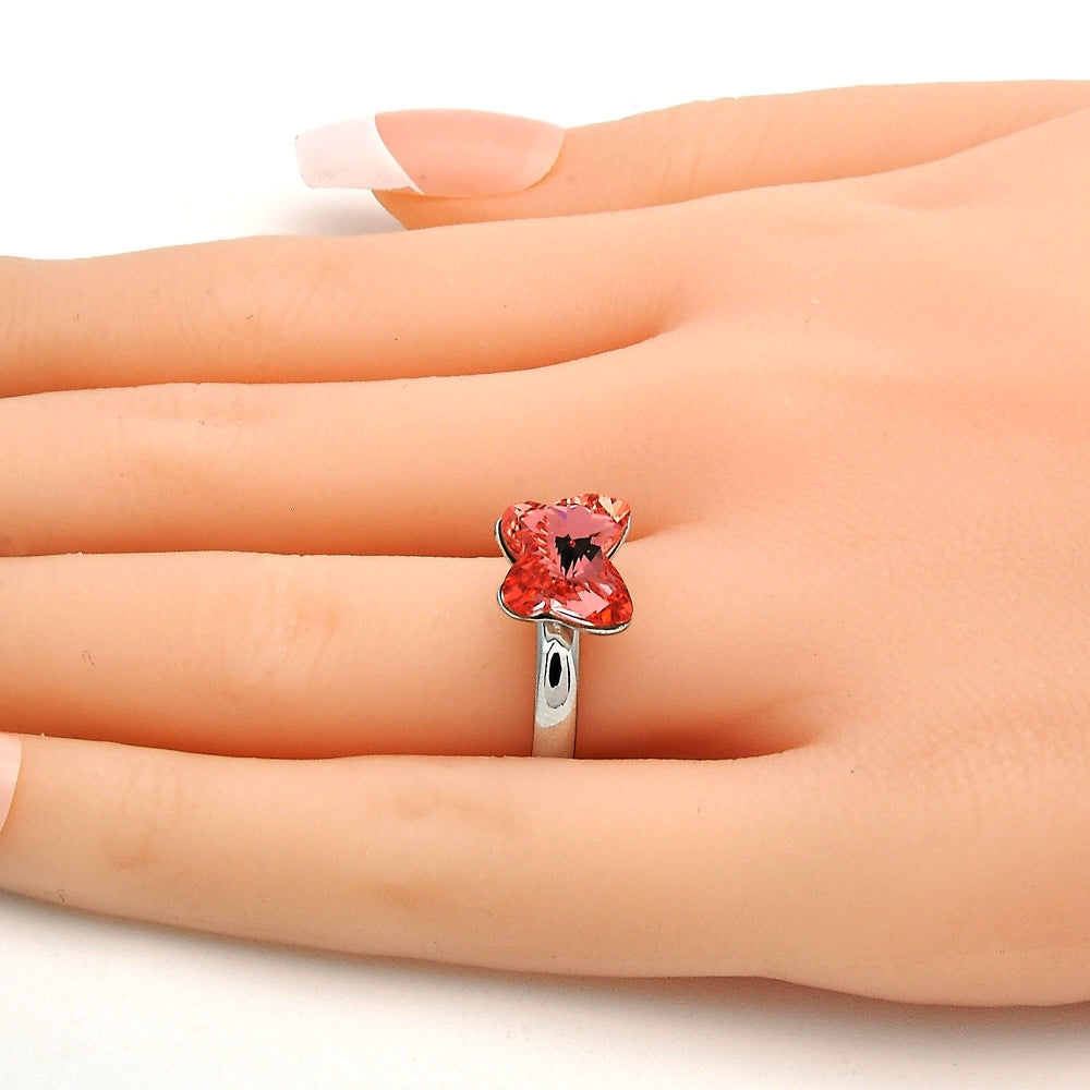 Rhodium Gold Filled Multi Stone Ring, Butterfly Design, with Rose Peach Swarovski Crystals, Polished, Rhodium Finish
