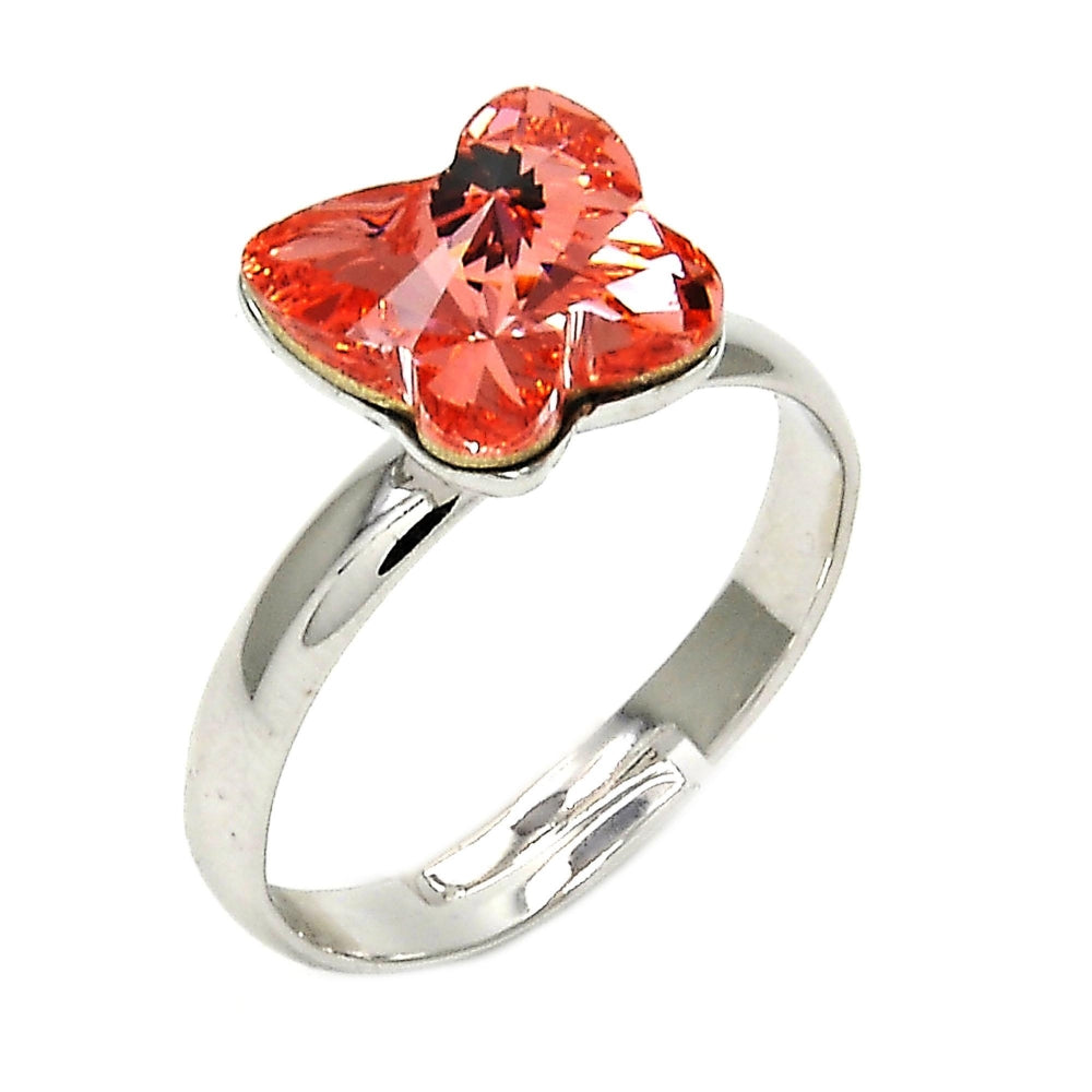 Rhodium Gold Filled Multi Stone Ring, Butterfly Design, with Rose Peach Swarovski Crystals, Polished, Rhodium Finish