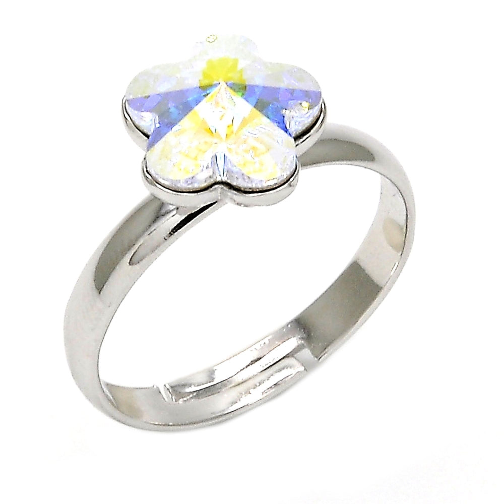 Rhodium Gold Filled Multi Stone Ring, Flower Design, with Aurore Boreale Swarovski Crystals, Polished, Rhodium Finish