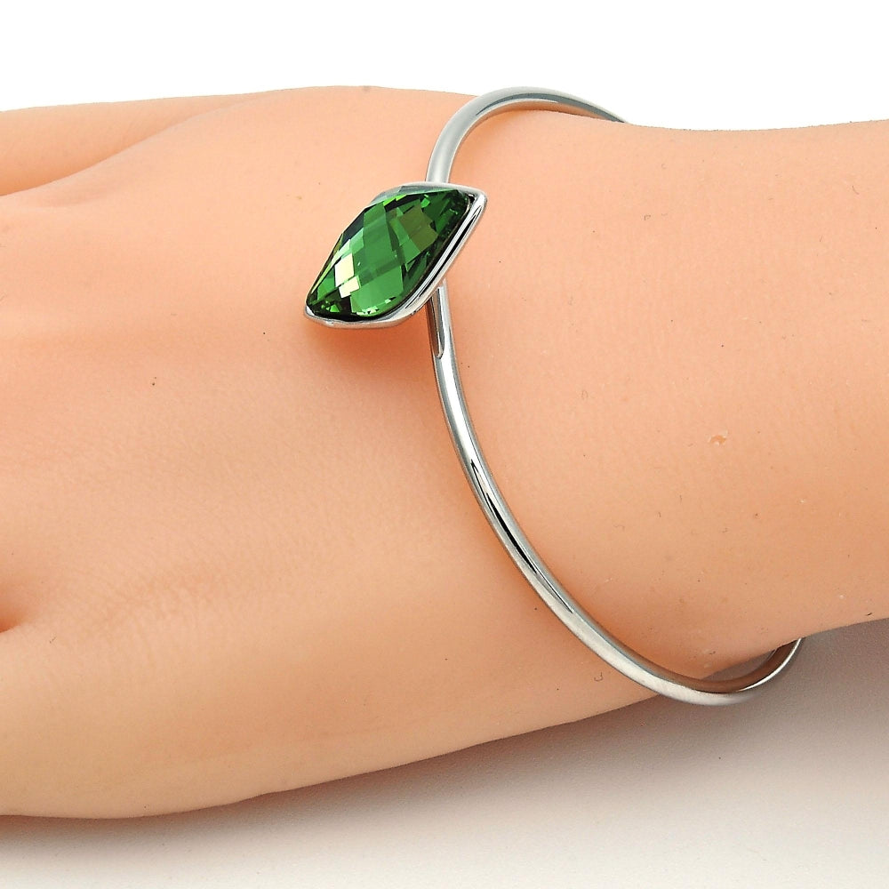 Rhodium Gold Filled Individual Bangle, with Fern Green Swarovski Crystals, Polished, Rhodium Finish