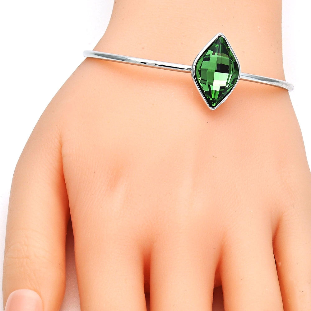 Rhodium Gold Filled Individual Bangle, with Fern Green Swarovski Crystals, Polished, Rhodium Finish