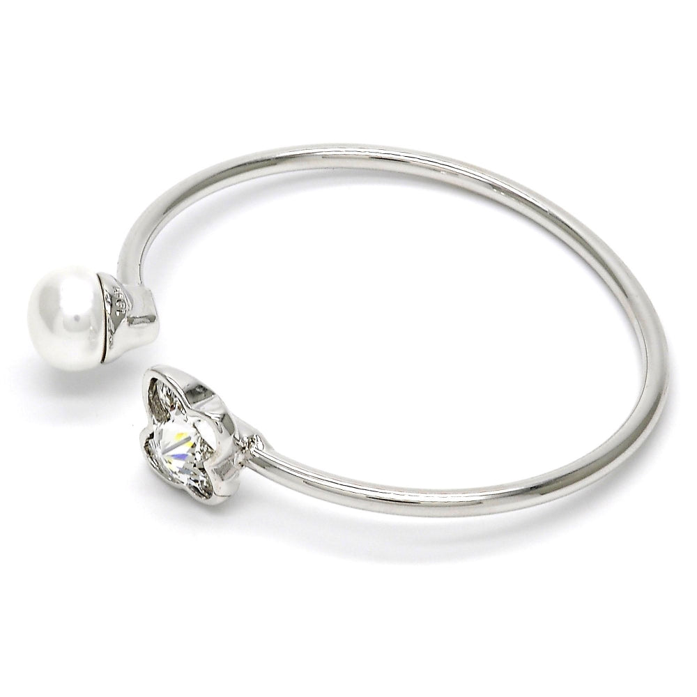 Rhodium Gold Filled Individual Bangle, Butterfly Design, with Crystal Swarovski Crystals and Ivory Pearl, Polished, Rhodium Finish