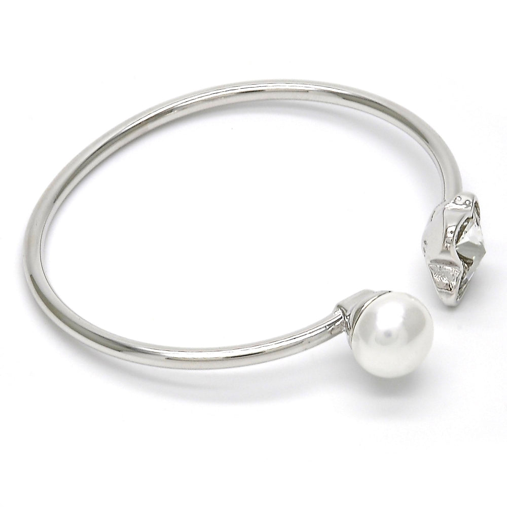 Rhodium Gold Filled Individual Bangle, Butterfly Design, with Crystal Swarovski Crystals and Ivory Pearl, Polished, Rhodium Finish