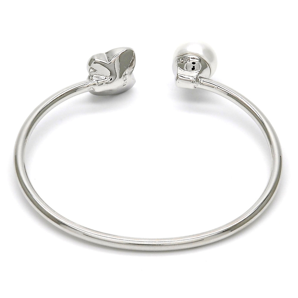 Rhodium Gold Filled Individual Bangle, Butterfly Design, with Crystal Swarovski Crystals and Ivory Pearl, Polished, Rhodium Finish
