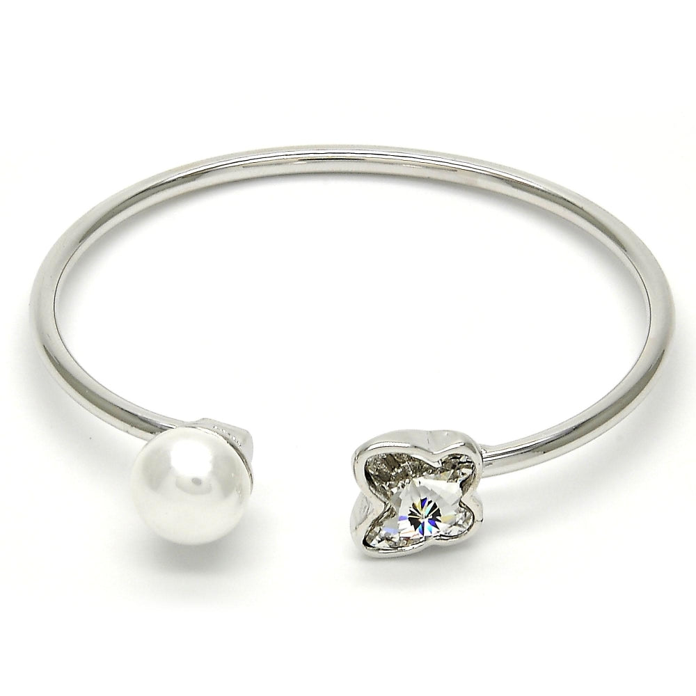 Rhodium Gold Filled Individual Bangle, Butterfly Design, with Crystal Swarovski Crystals and Ivory Pearl, Polished, Rhodium Finish
