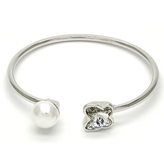 Rhodium Gold Filled Individual Bangle, Butterfly Design, with Crystal Swarovski Crystals and Ivory Pearl, Polished, Rhodium Finish