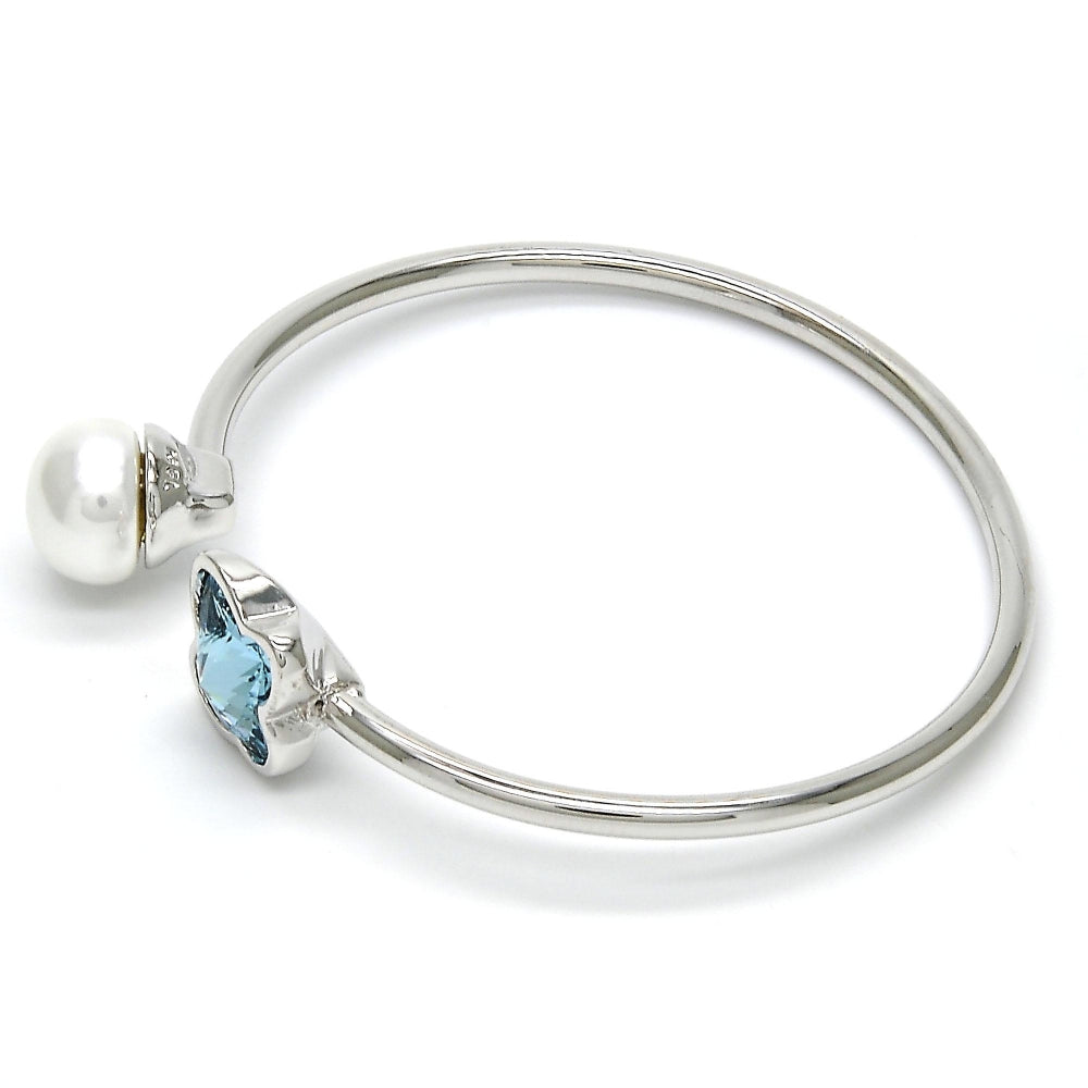 Rhodium Gold Filled Individual Bangle, Butterfly Design, with Aquamarine Swarovski Crystals and Ivory Pearl, Polished, Rhodium Finish