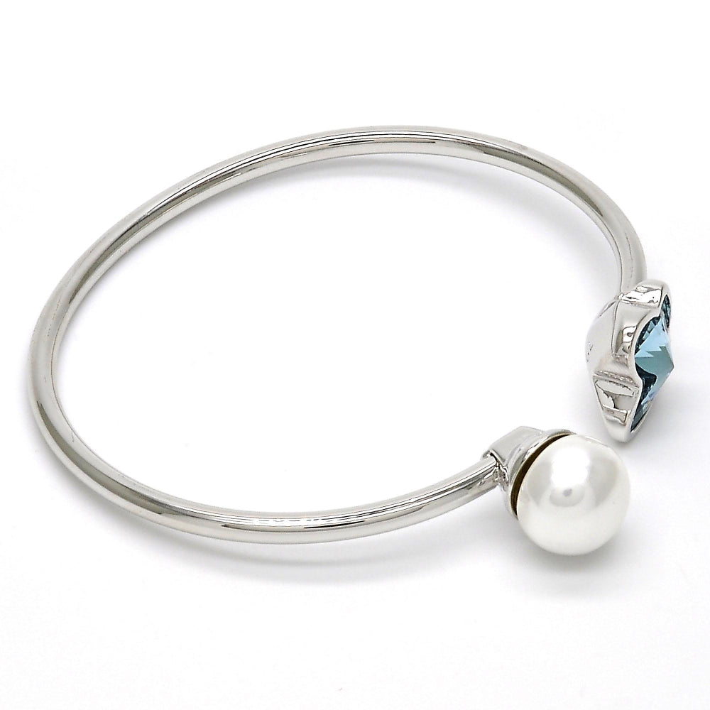Rhodium Gold Filled Individual Bangle, Butterfly Design, with Aquamarine Swarovski Crystals and Ivory Pearl, Polished, Rhodium Finish