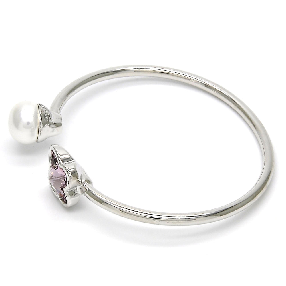 Rhodium Gold Filled Individual Bangle, Butterfly Design, with Amethyst Swarovski Crystals and Ivory Pearl, Polished, Rhodium Finish