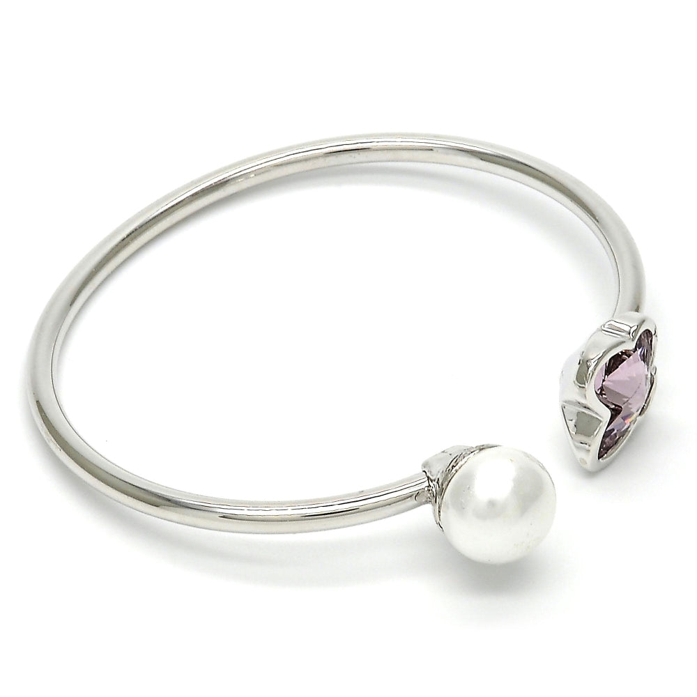 Rhodium Gold Filled Individual Bangle, Butterfly Design, with Amethyst Swarovski Crystals and Ivory Pearl, Polished, Rhodium Finish