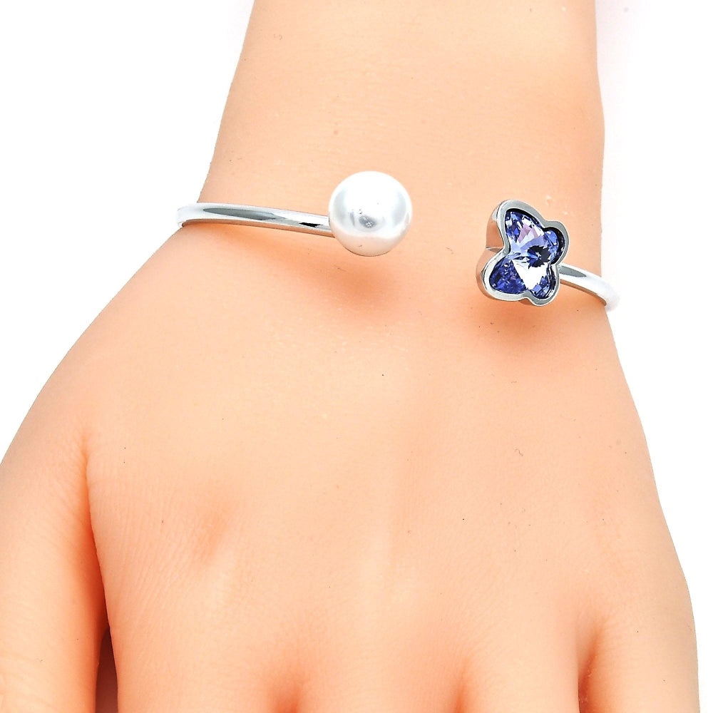 Rhodium Gold Filled Individual Bangle, Butterfly Design, with Provence Lavander Swarovski Crystals and Ivory Pearl, Polished, Rhodium Finish