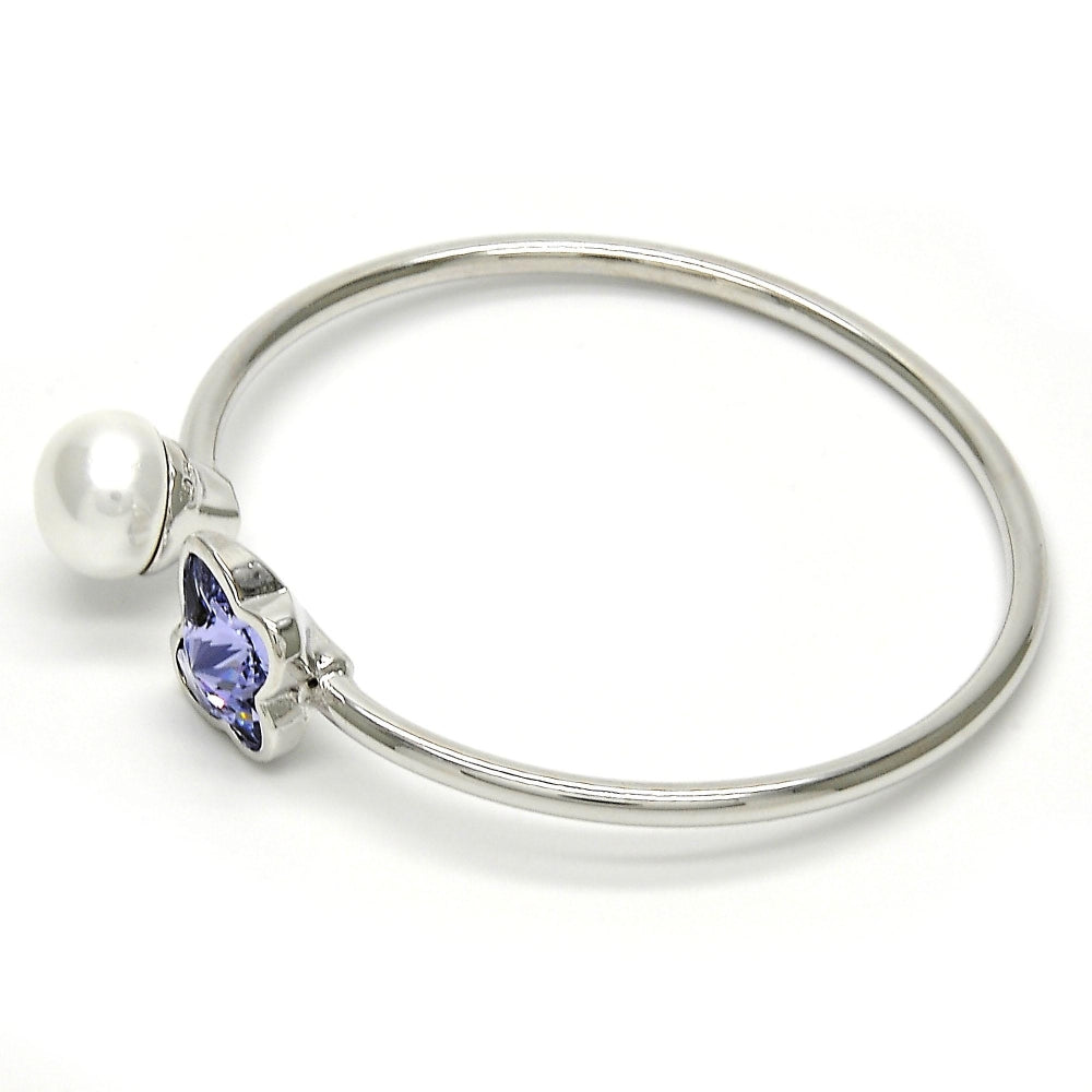 Rhodium Gold Filled Individual Bangle, Butterfly Design, with Provence Lavander Swarovski Crystals and Ivory Pearl, Polished, Rhodium Finish