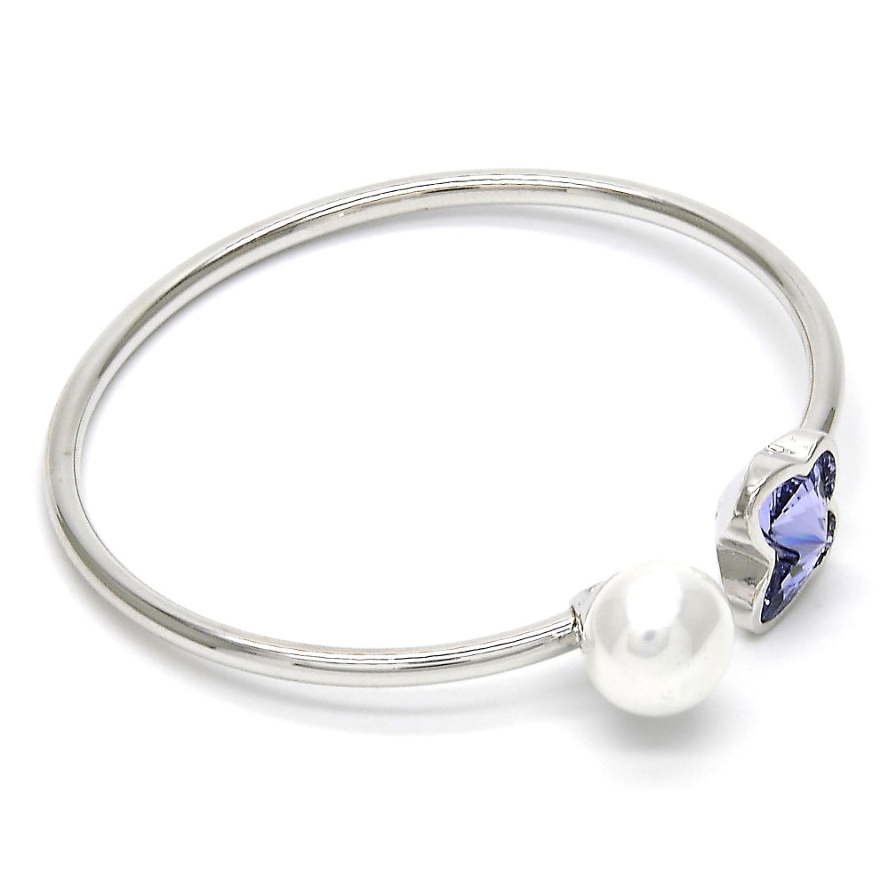 Rhodium Gold Filled Individual Bangle, Butterfly Design, with Provence Lavander Swarovski Crystals and Ivory Pearl, Polished, Rhodium Finish