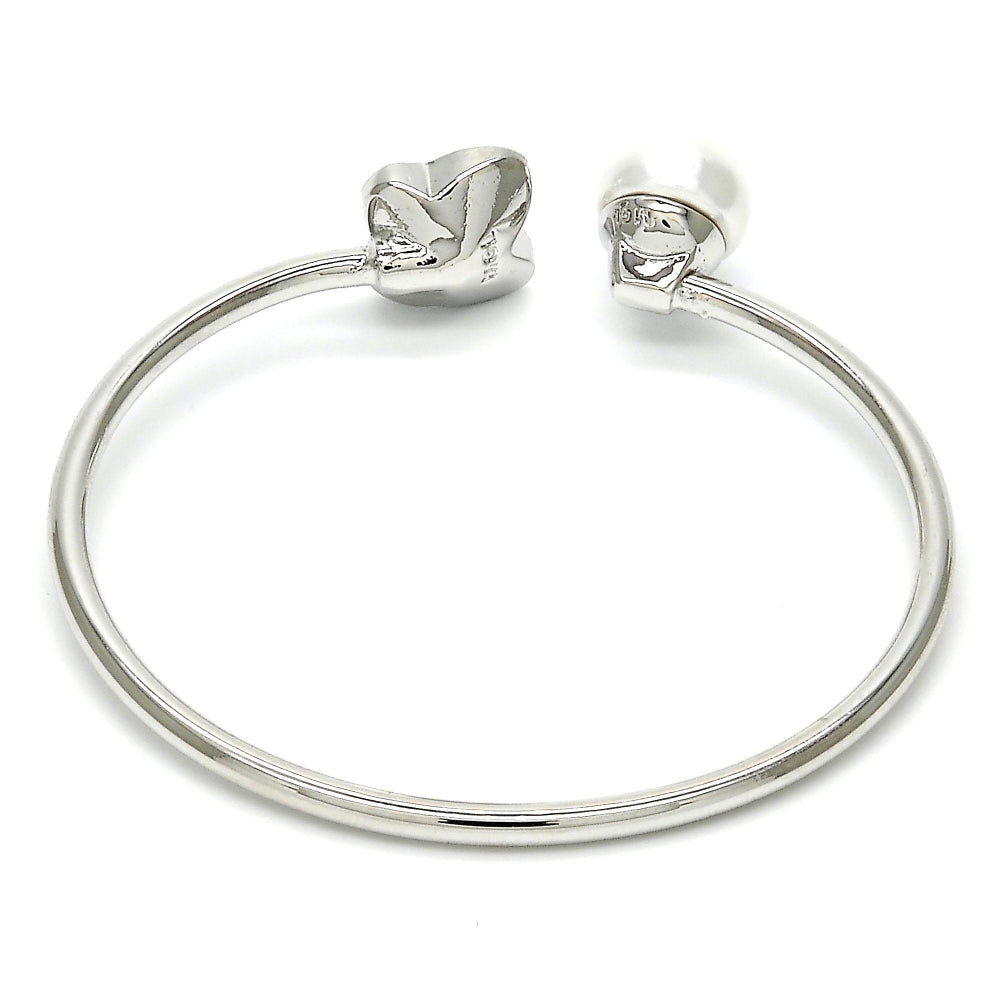 Rhodium Gold Filled Individual Bangle, Butterfly Design, with Provence Lavander Swarovski Crystals and Ivory Pearl, Polished, Rhodium Finish