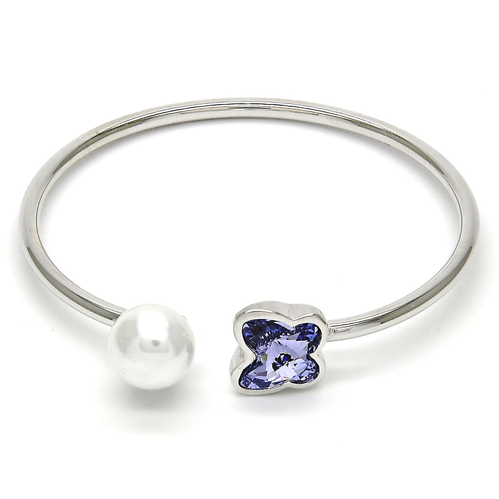 Rhodium Gold Filled Individual Bangle, Butterfly Design, with Provence Lavander Swarovski Crystals and Ivory Pearl, Polished, Rhodium Finish