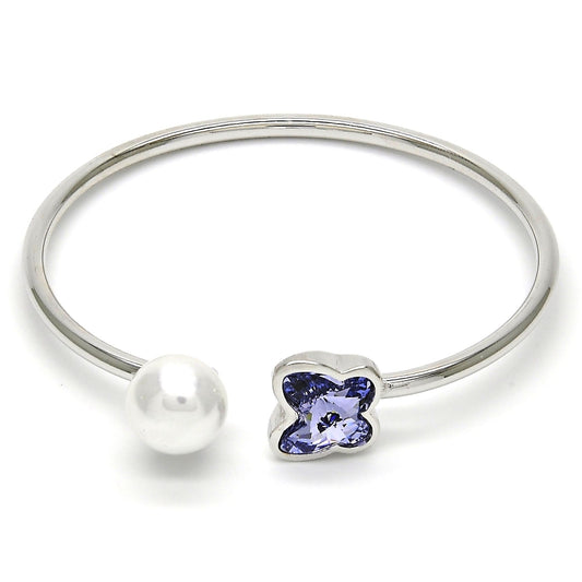 Rhodium Gold Filled Individual Bangle, Butterfly Design, with Provence Lavander Swarovski Crystals and Ivory Pearl, Polished, Rhodium Finish