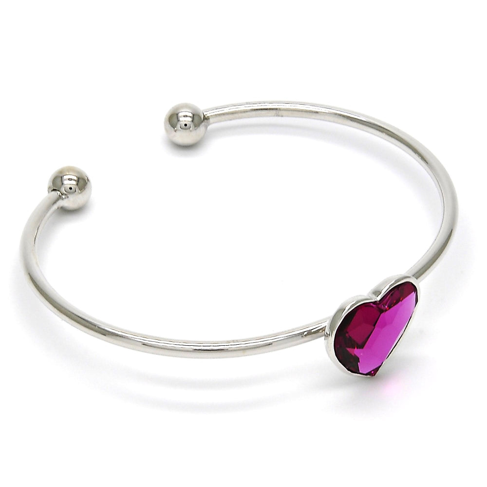 Rhodium Gold Filled Individual Bangle, Heart Design, with Rose Swarovski Crystals, Polished, Rhodium Finish