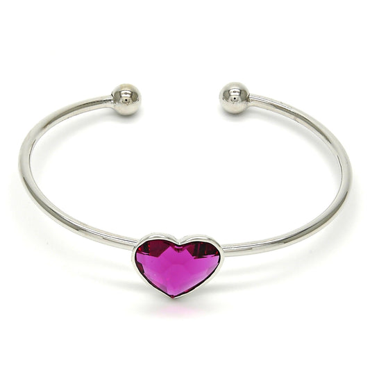 Rhodium Gold Filled Individual Bangle, Heart Design, with Rose Swarovski Crystals, Polished, Rhodium Finish